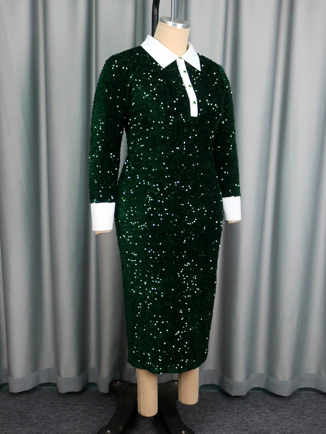 Women's Christmas Velvet Sequins Formal Party Dress Color Block Turndown Collar Long Sleeve Bodycon Dresses 5