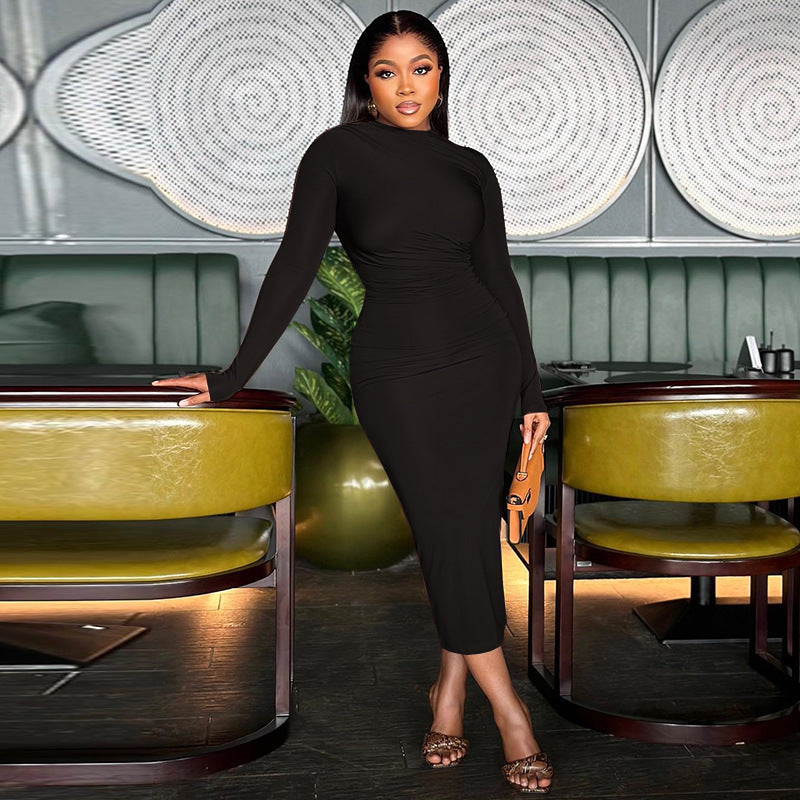 Women's Solid Color Round Neck Long Sleeve Slim Midi Dress 6