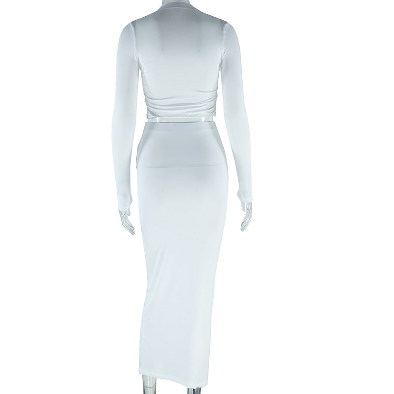 Solid Color Round Neck Irregular Long Sleeve Crop Top Slim Long Skirt Two Piece Set 11