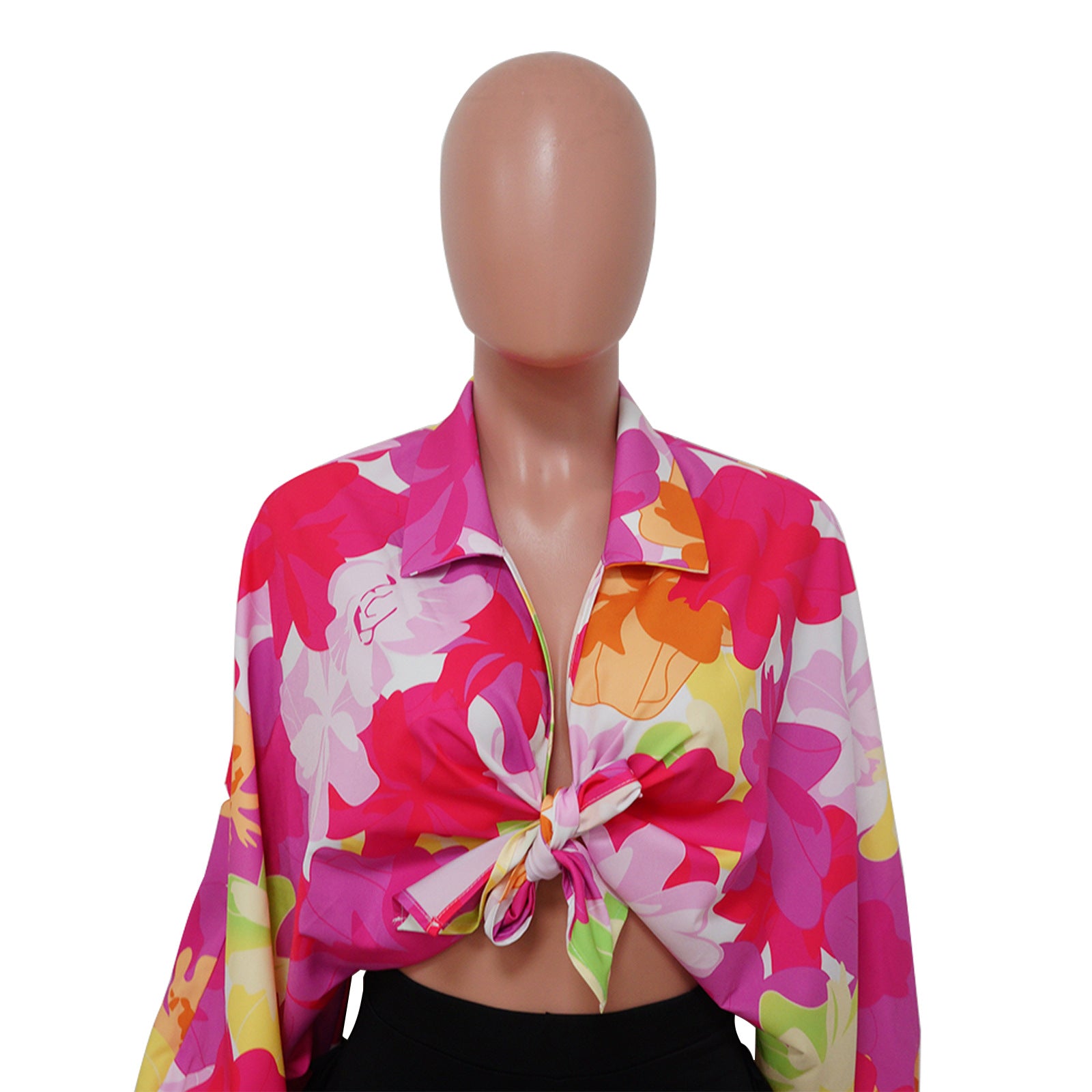 Women's Bat Sleeves Top Turndown Collar Print Shirt 15