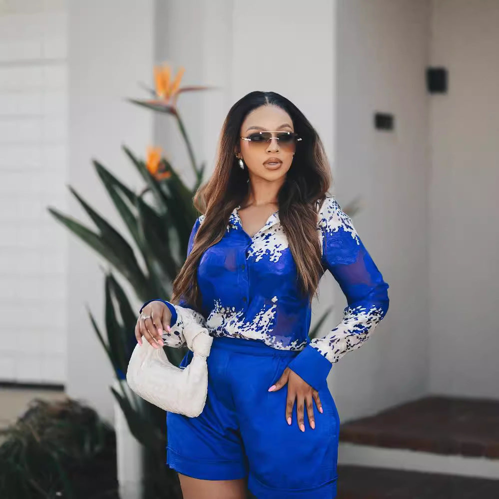 Women Casual Shirt Shorts Two Piece Set