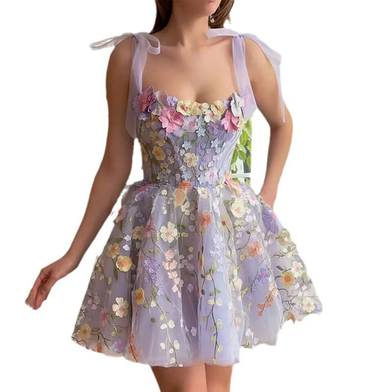 Women's Fashion Flower Embroidery Sexy Strap Bodycon Dress 6