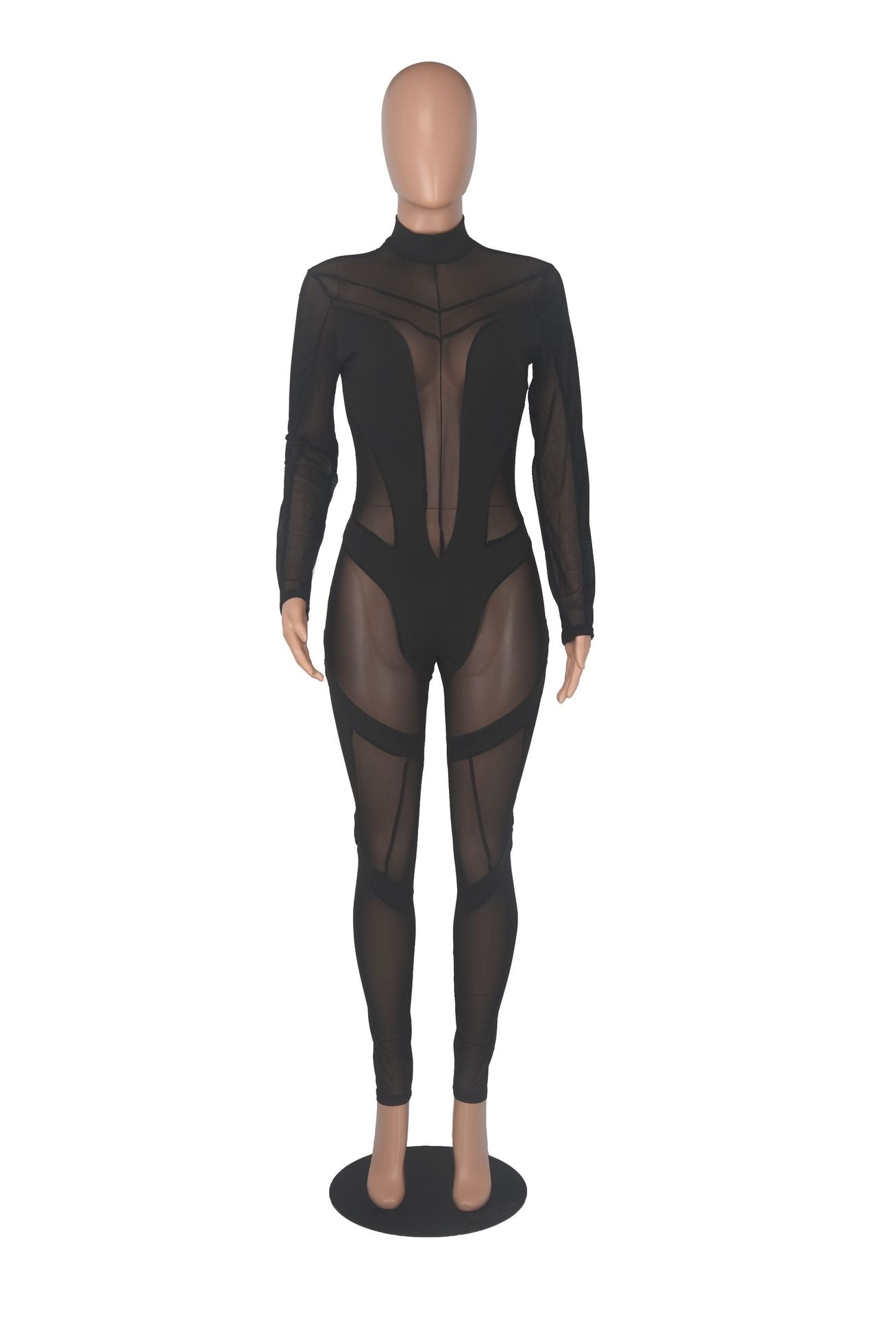 Women'S Mid Neck Sexy Long Sleeve See-Through Mesh Patchwork Jumpsuit 14
