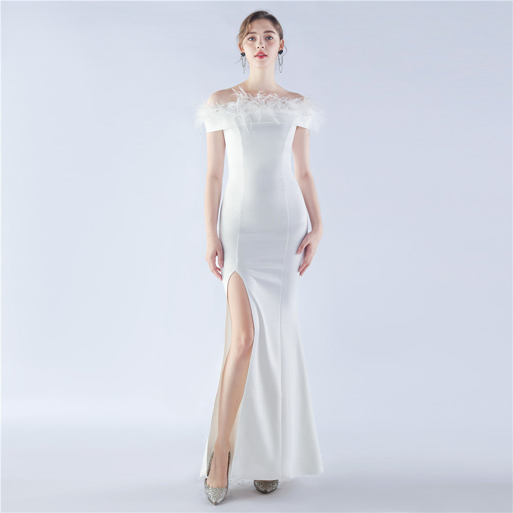 Women Ostrich Feather Off Shoulder Strapless Evening Dress