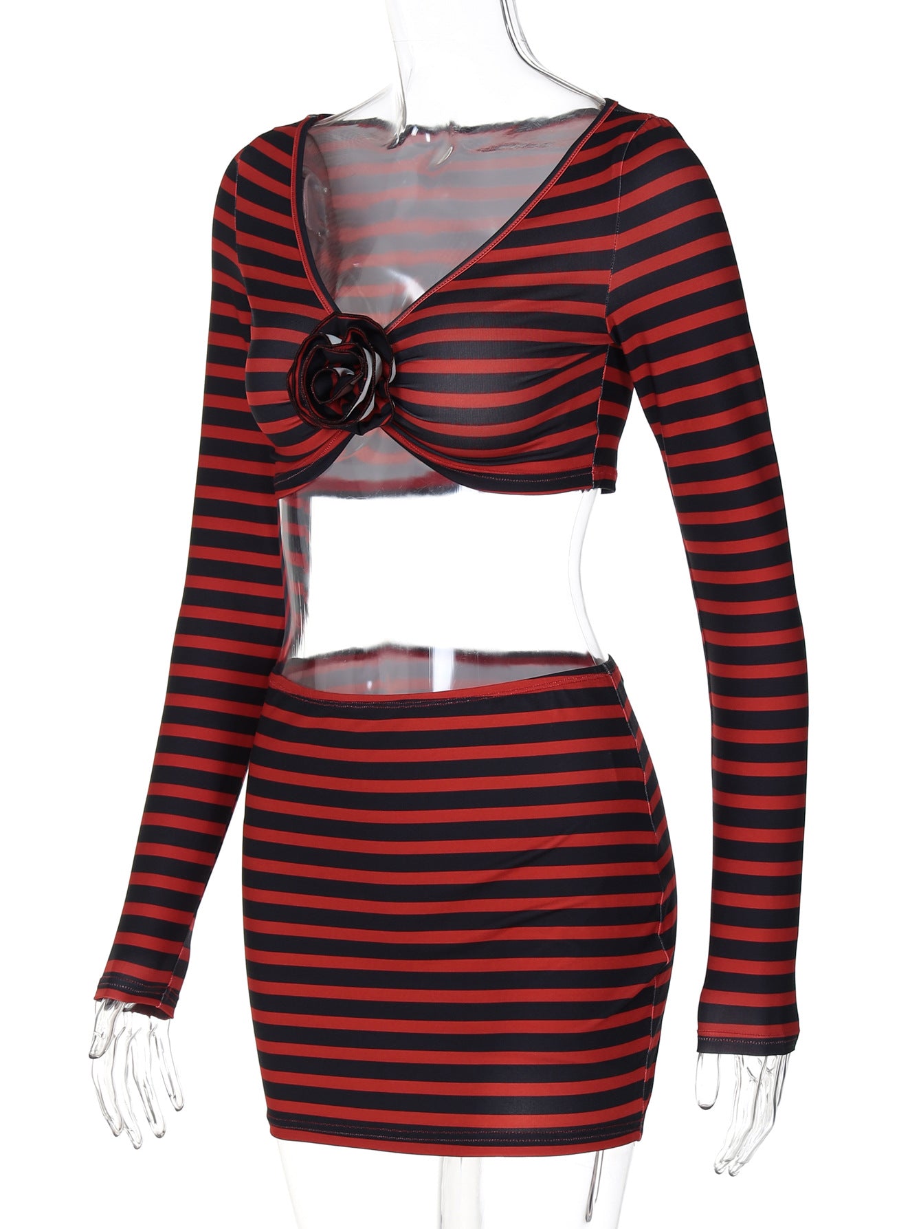 Women's Autumn Fashion Sexy Cropped Flower Long Sleeve Top Slim Skirt Two Piece Set 6