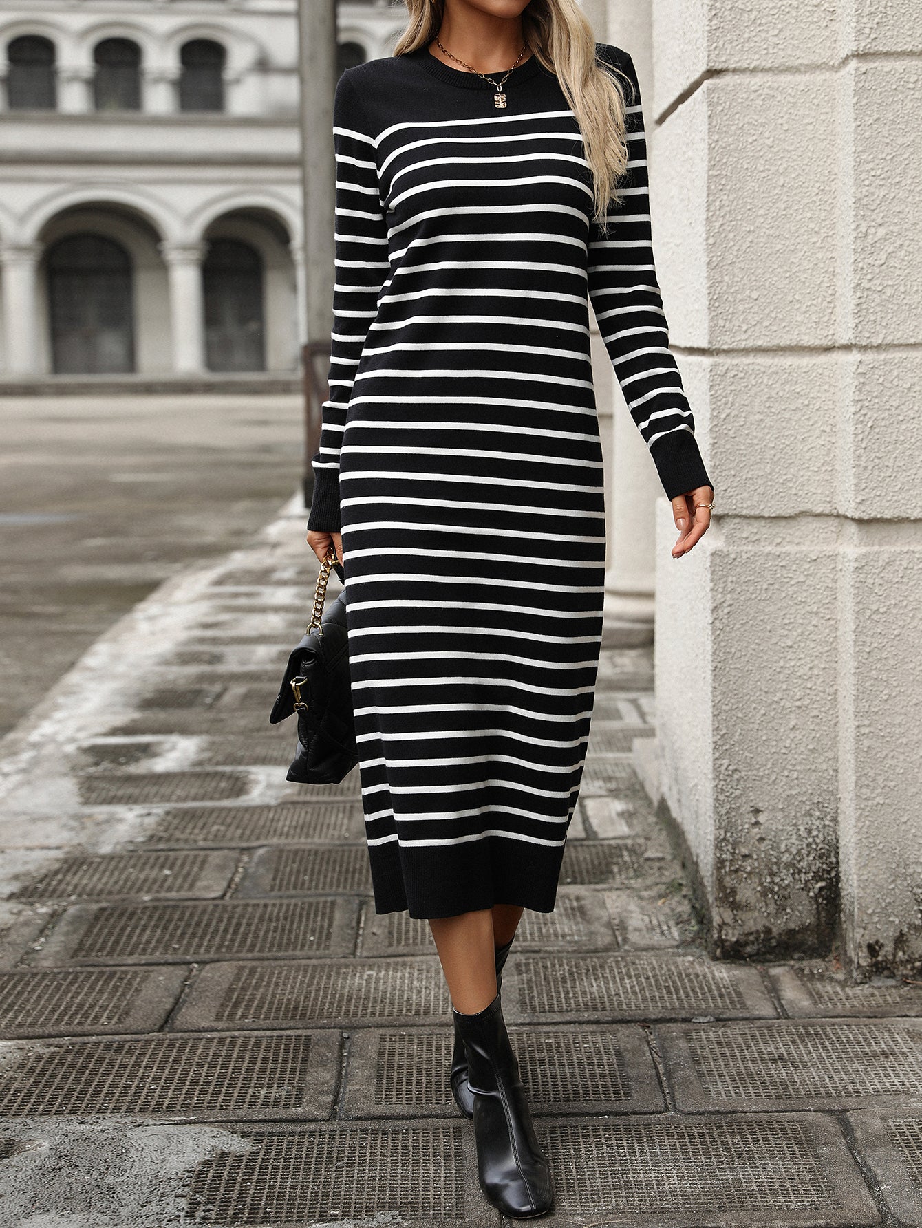 Fashion Autumn Winter Women Knitting Striped Casual Long Dress 3