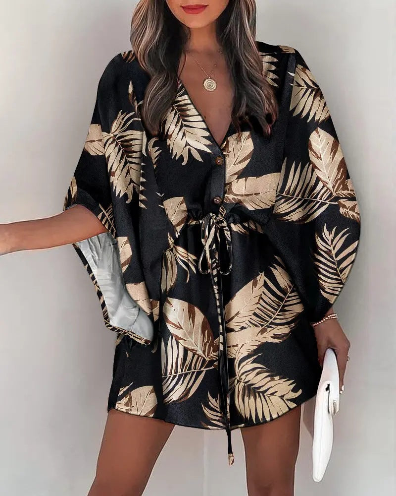 Women Summer Casual V-neck Bat Sleeves Printed Dress 9