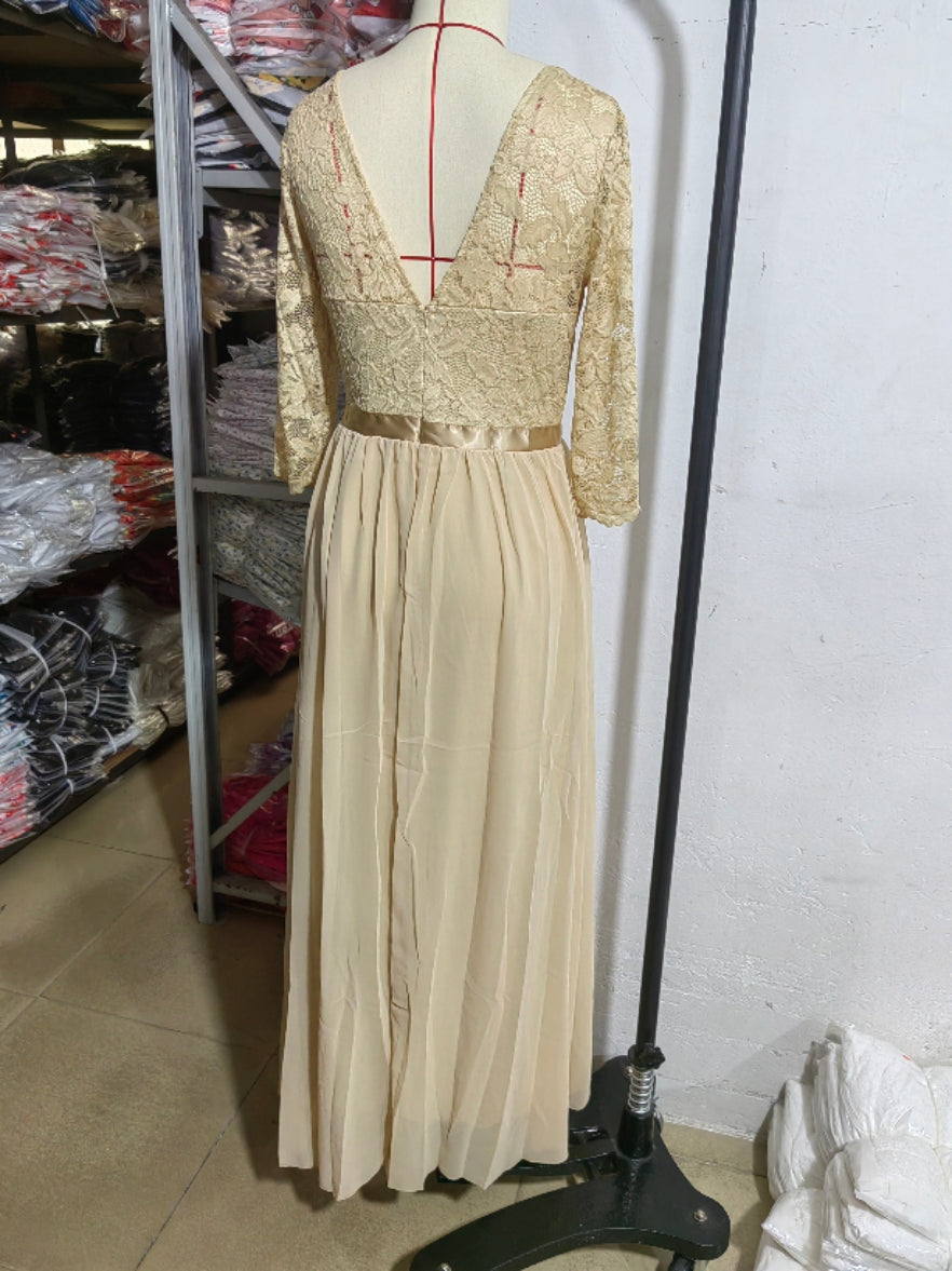 Elegant Lace Patchwork Long Slim Waist Elegant Gown Dress 40