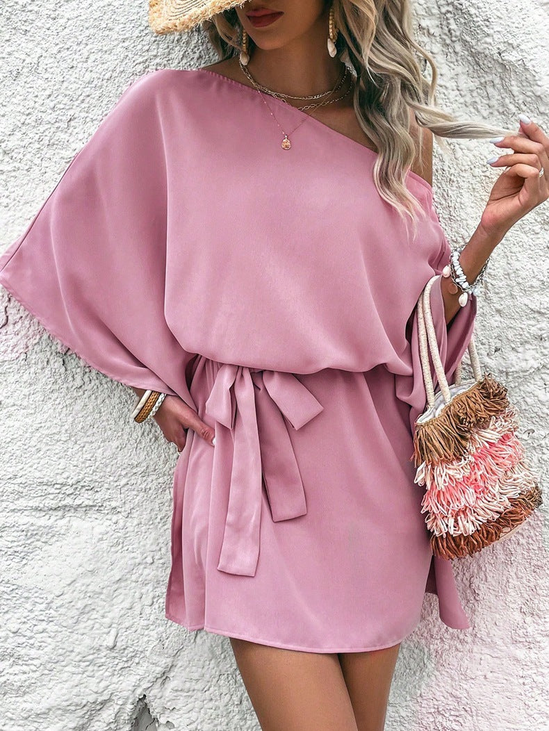 Women Satin Off-shoulder Asymmetrical Dress 4