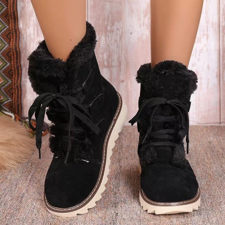 Plus Size Boots Women Winter Outdoor Wear Lace-Up Thick Sole Fleece Boots 11