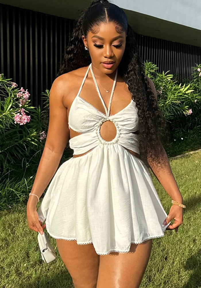 Women's Autumn Halter Neck Tie Beaded High Waist Short Dress