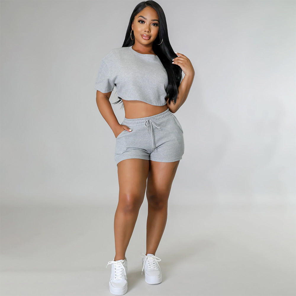 Women sports Casual Solid Crop Top and Shorts two-piece set 11
