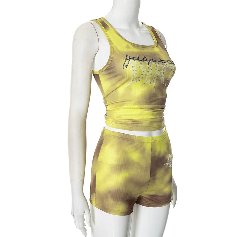 Women’s Spring Summer Round Neck Tie Dye Printed Beaded Sleeveless Two Piece Shorts Set 7