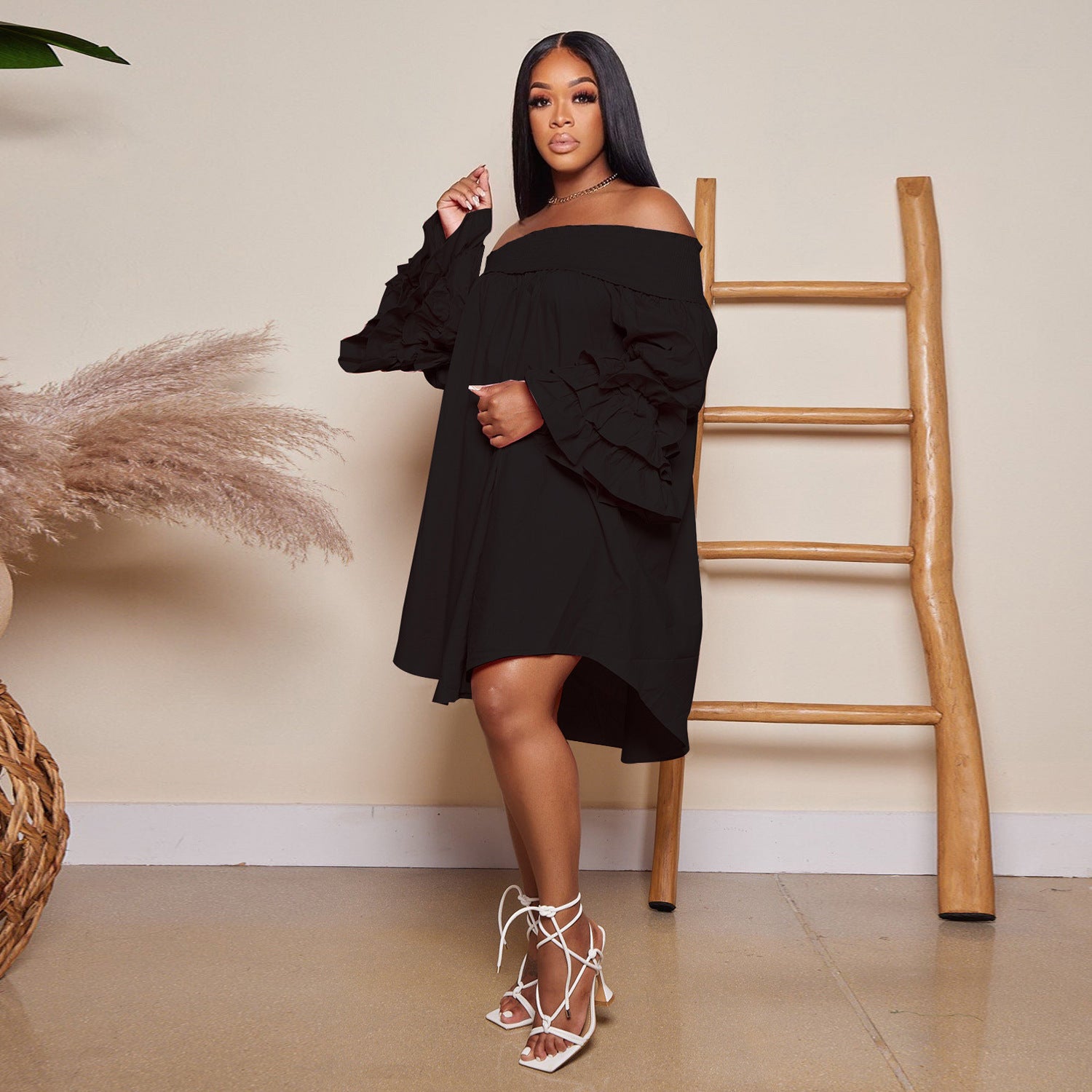 Summer Solid Off Shoulder Ruffled Long Sleeve Loose Casual Dress 4