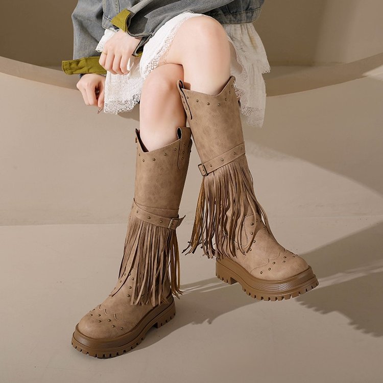 Plus Size Riding Boots with Fringe & Buckle  Mid-Calf Shoes for Women 13