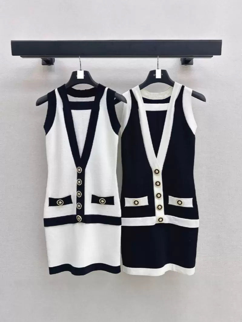 Women elegant button-down colorblock sleeveless single-breasted knitting dress 19