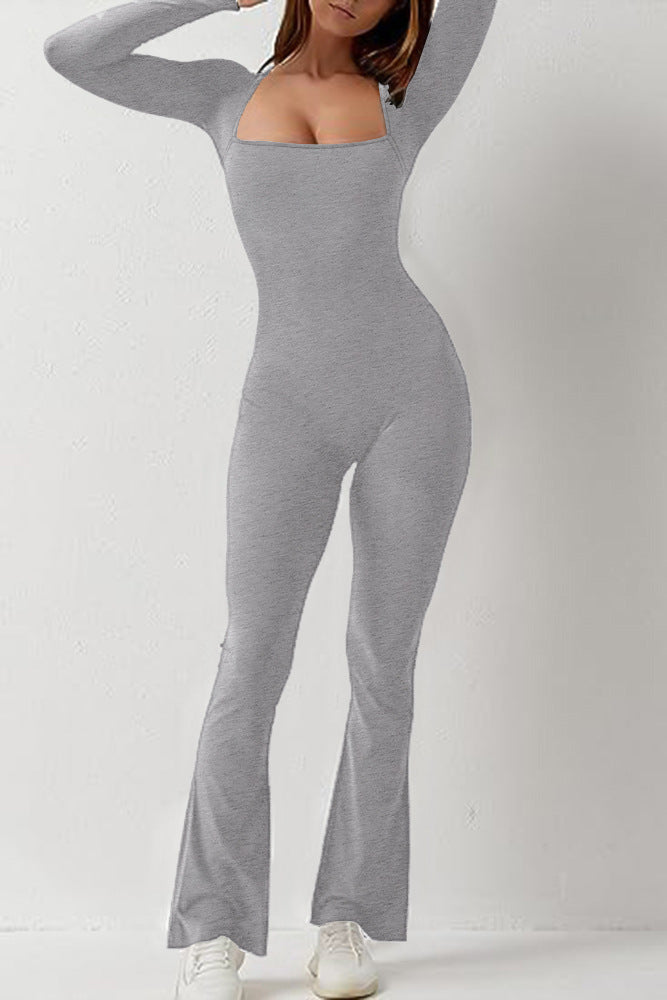 Women's Long Sleeve Square Neck High Stretch Slim Tight Fitting Jumpsuit 9
