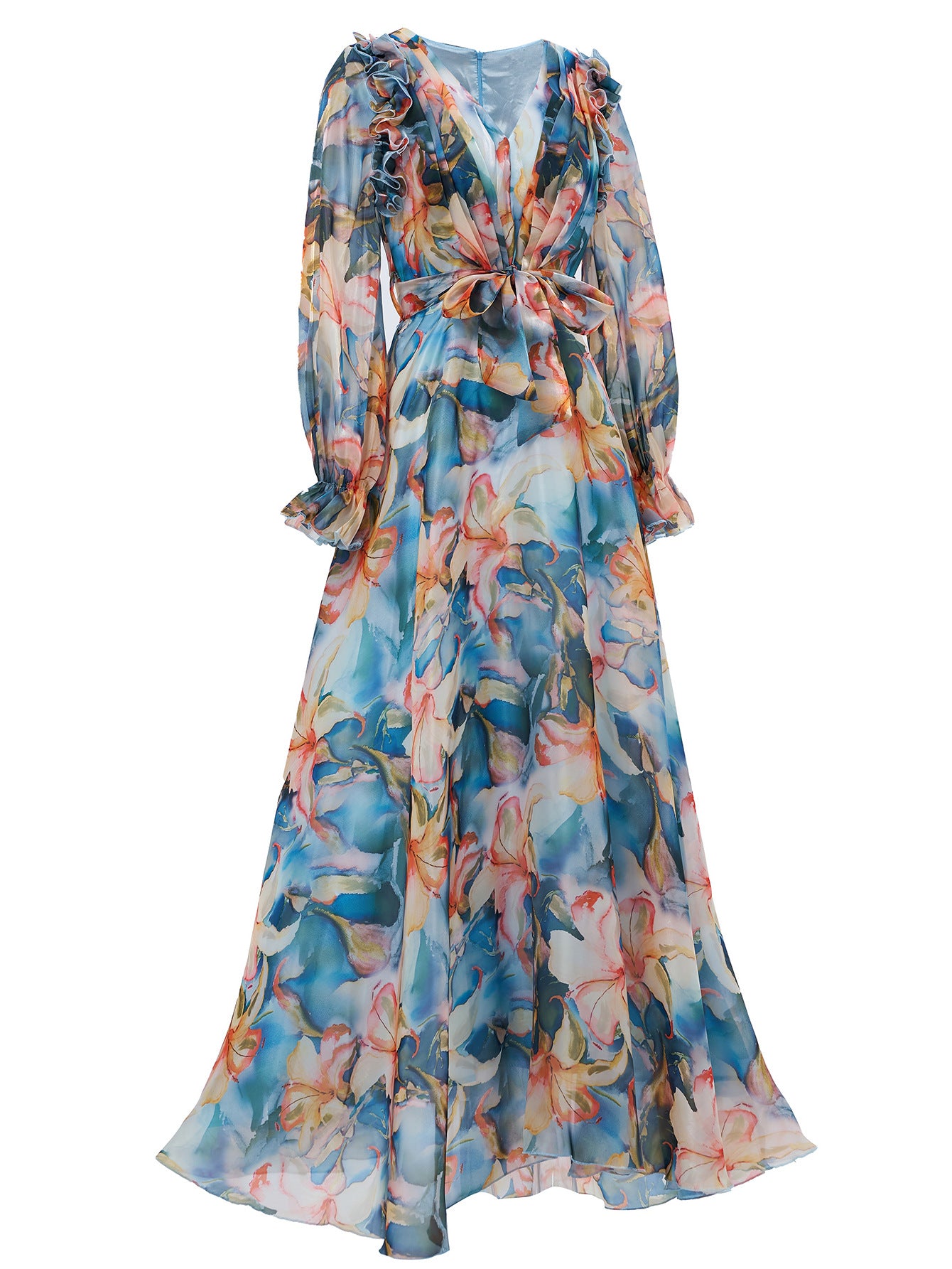 Elegant Women's Long-Sleeve V-Neck Ruffled Formal Party Mesh Evening Gown 18