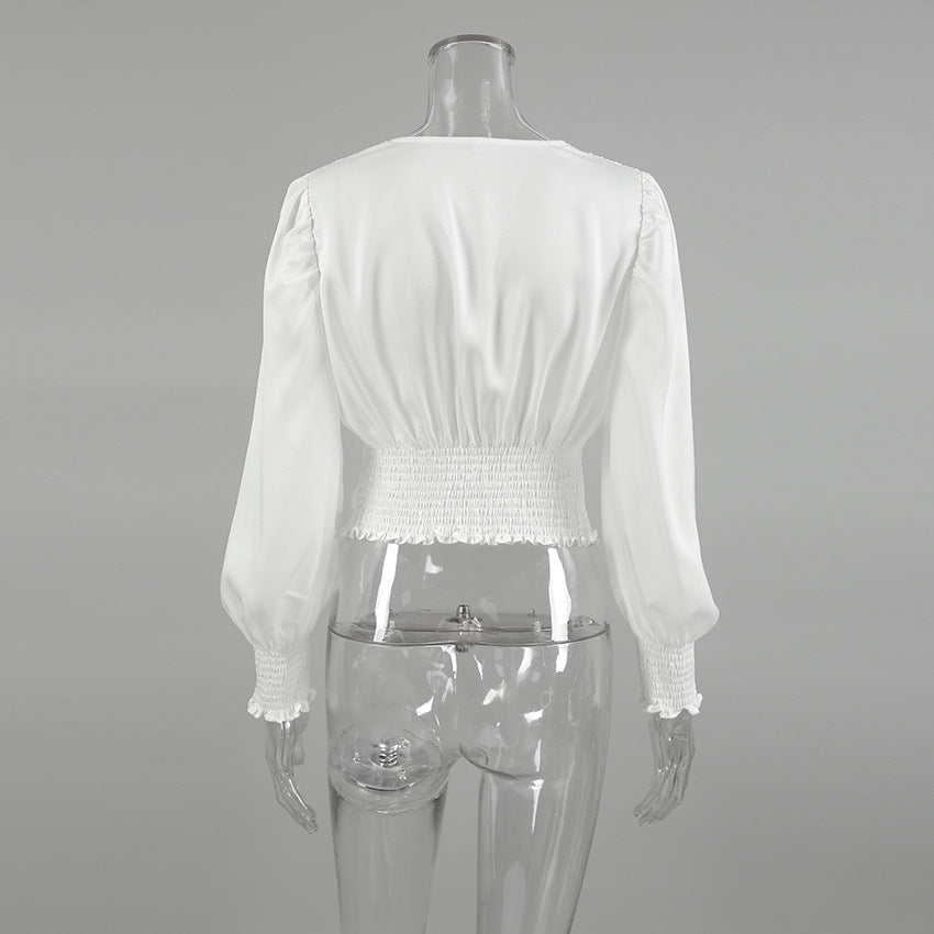 Women shiny satin long-sleeved v-neck crop shirt 11