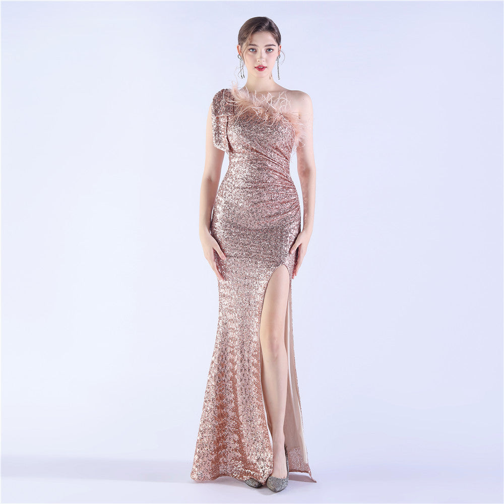 Elegant Feather High-End Sequined One-Shoulder Evening Dress 11