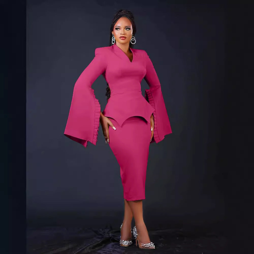 Women Solid Pleated Swing Sleeve V-Neck Dress 5