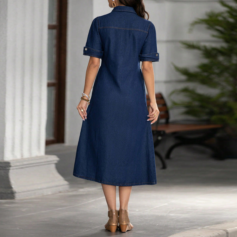 Women Denim Turndown Collar short-sleeved dress 4