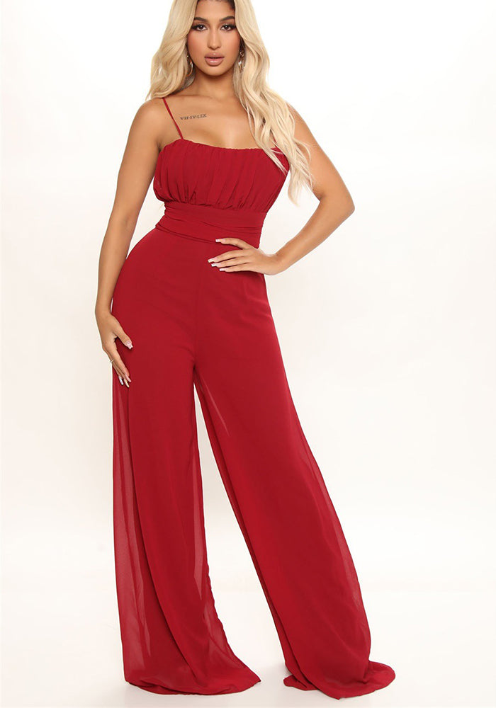Summer Solid Color Chiffon Straps Slim Waist Wide Leg Women'S Jumpsuit