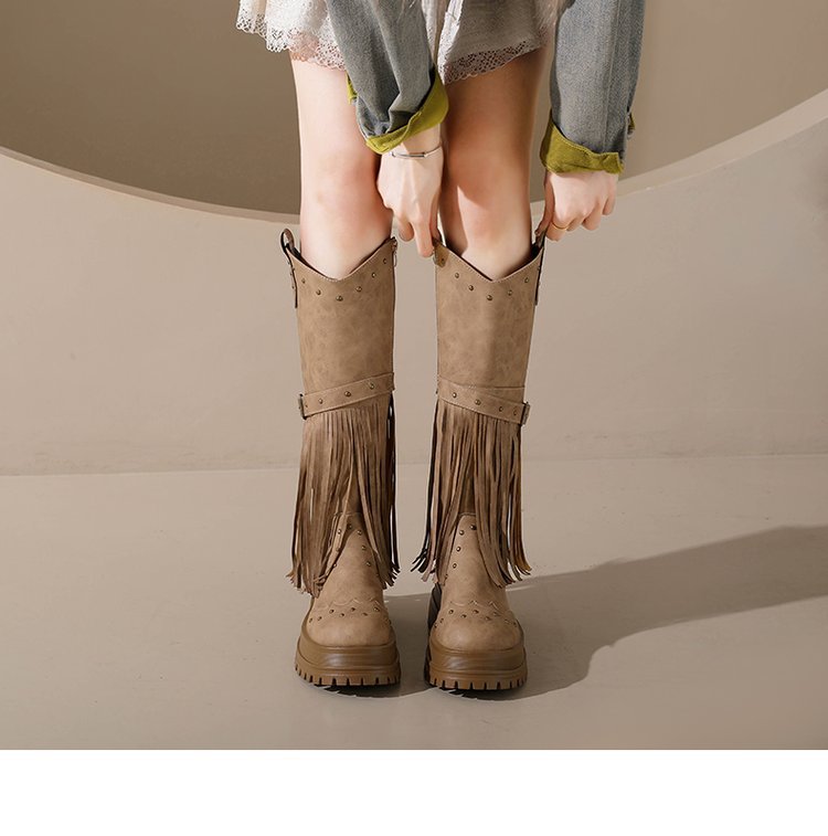 Plus Size Riding Boots with Fringe & Buckle  Mid-Calf Shoes for Women 10