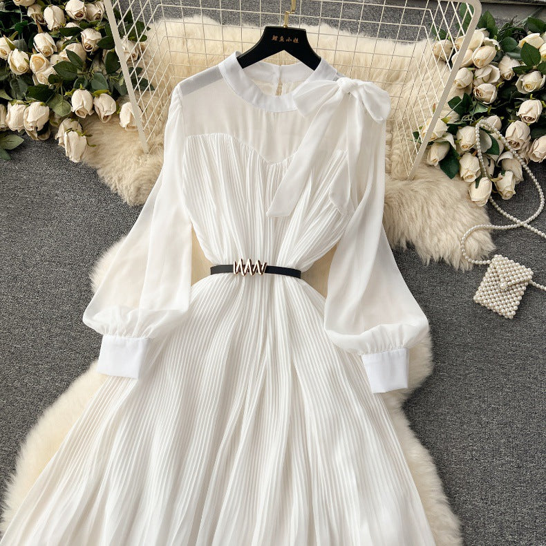 Spring Women's Bow Pleated Chiffon Puff Sleeve Long Dress 28