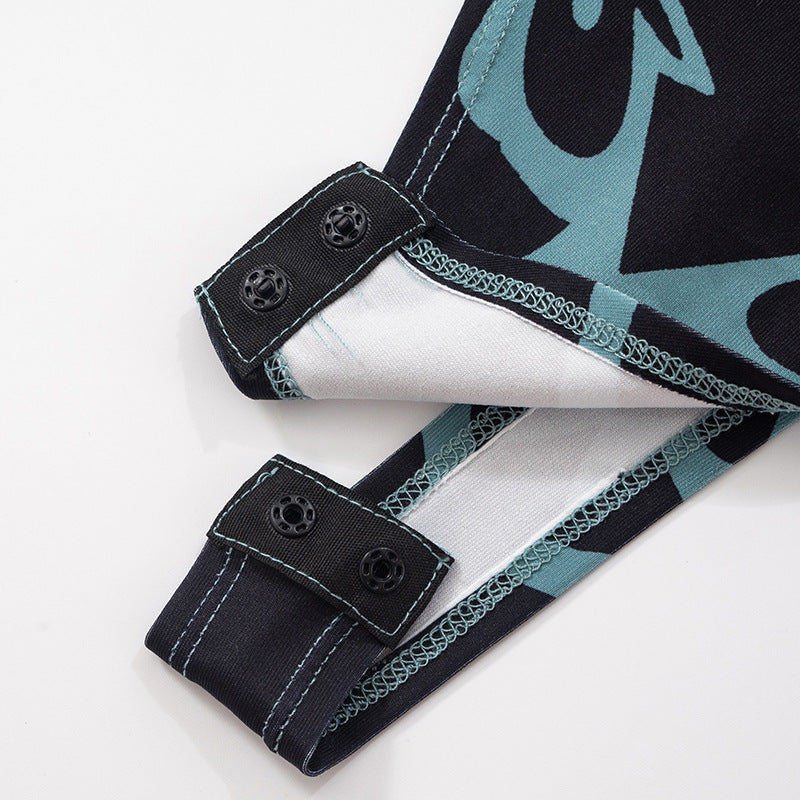 Women Spring and Summer Off Shoulder Printed Long Sleeve Bodysuit Mesh See-Through Two-piece Set 14