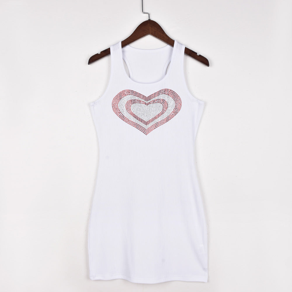 Women Spring Summer Beaded Heart Print U Neck Sexy Dress 11