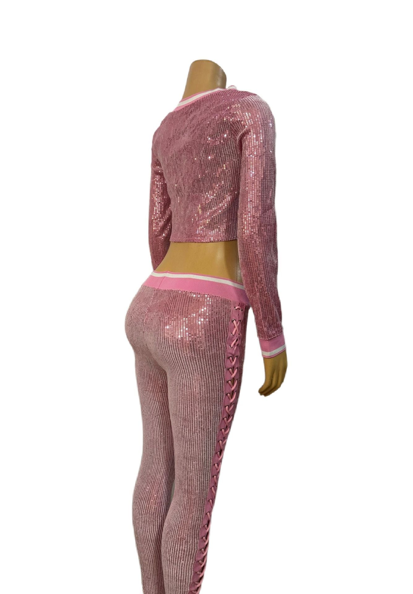 Women Digital Sexy Lace-Up Cut Out Long Sleeve Top and Pants Two-piece Set 9