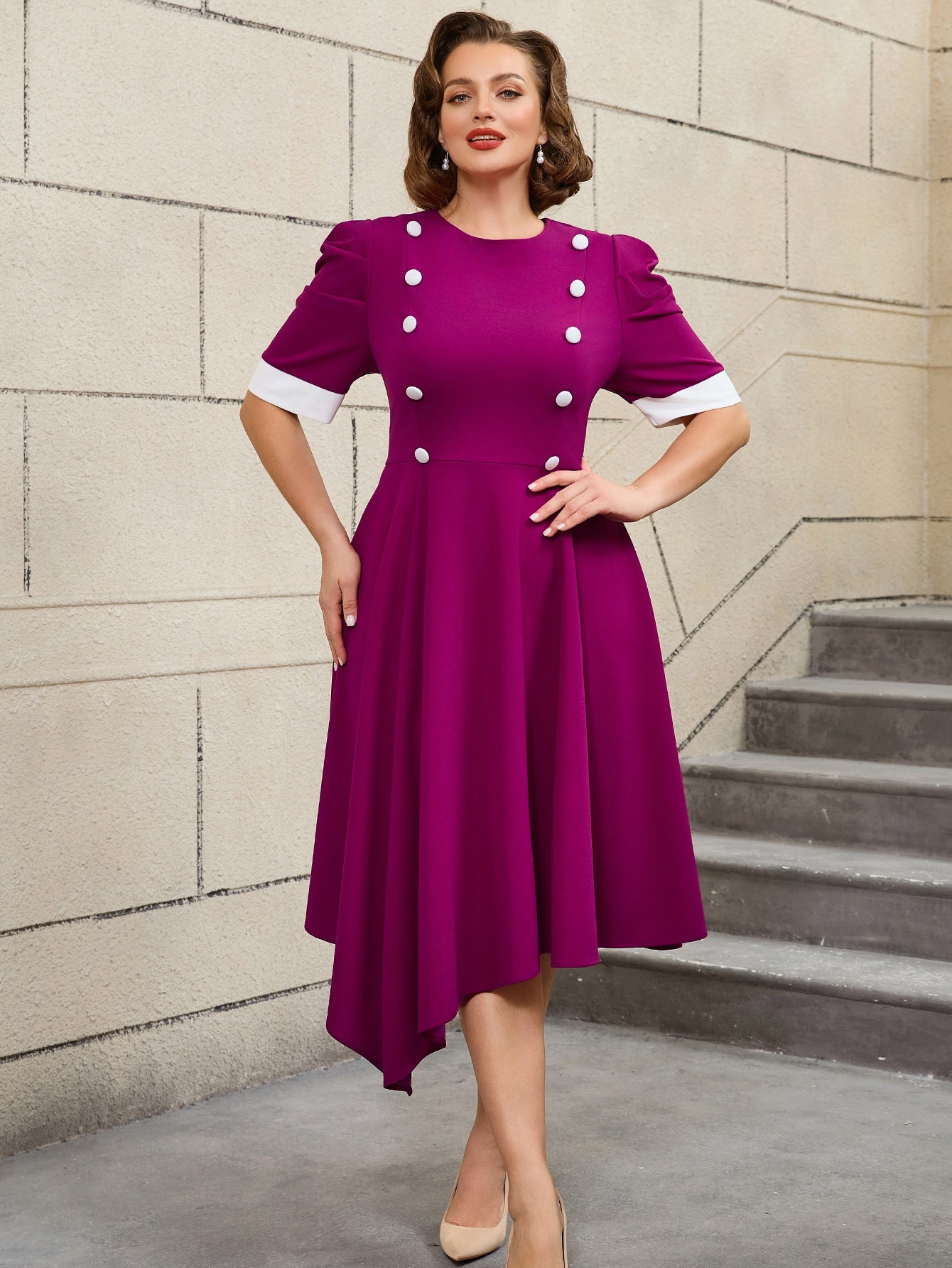 Plus Size Contrast Color Round-Neck Short-Sleeve Elegant Party Cocktail A-Line Dress 9