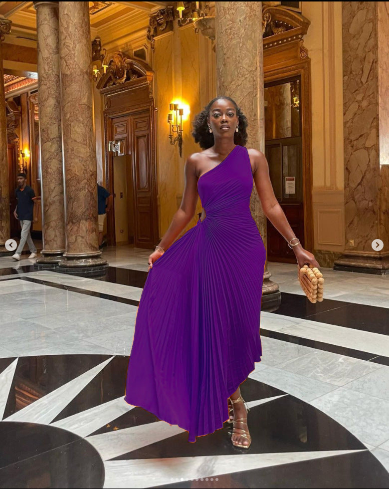Elegant Slim Fit One Shoulder Cutout Pleated Gown Dress 8