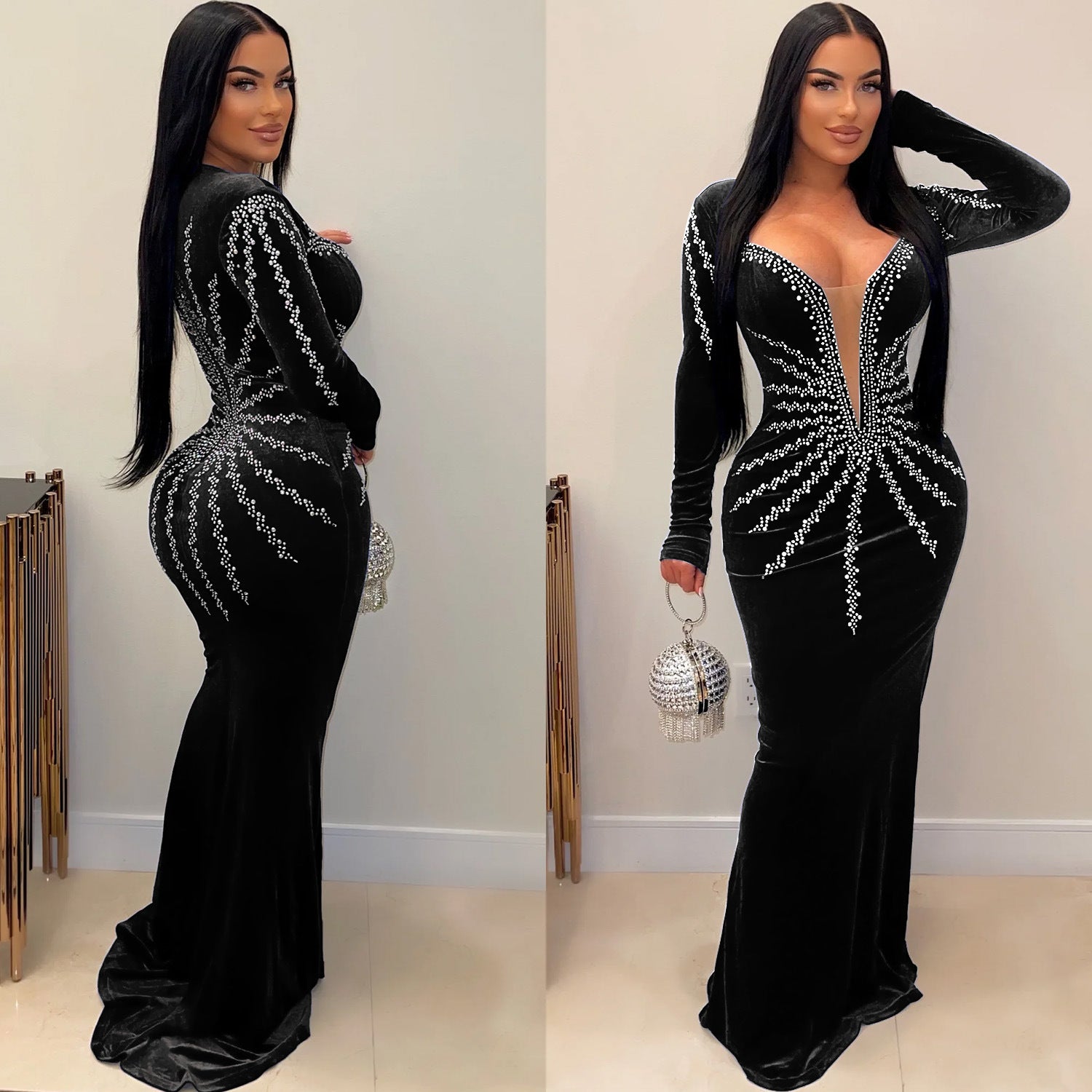 Women Sexy Party Long Sleeve Beaded Fishtail Dress 6