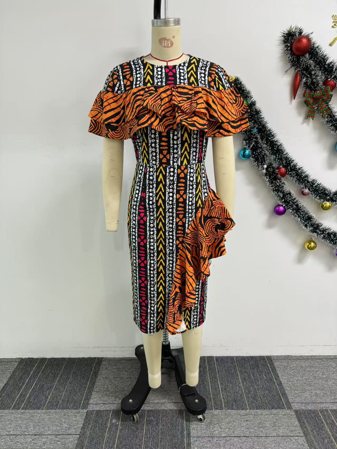 Women Elegant Printed Wood Ear Lace Contrast Slit Dress 7