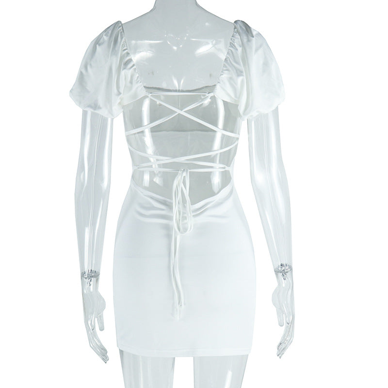 Women sexy U-neck Solid puff sleeve dress 12