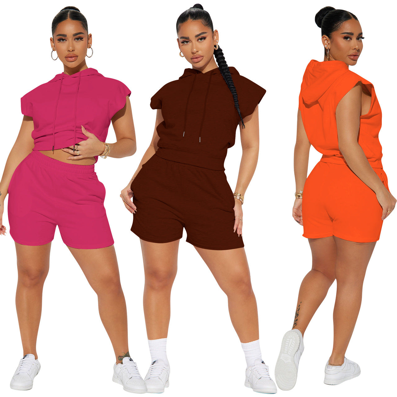 Women's Fashion Casual Sport Hooded Short Sleeve Two-Piece Shorts Set Women's Clothing 3