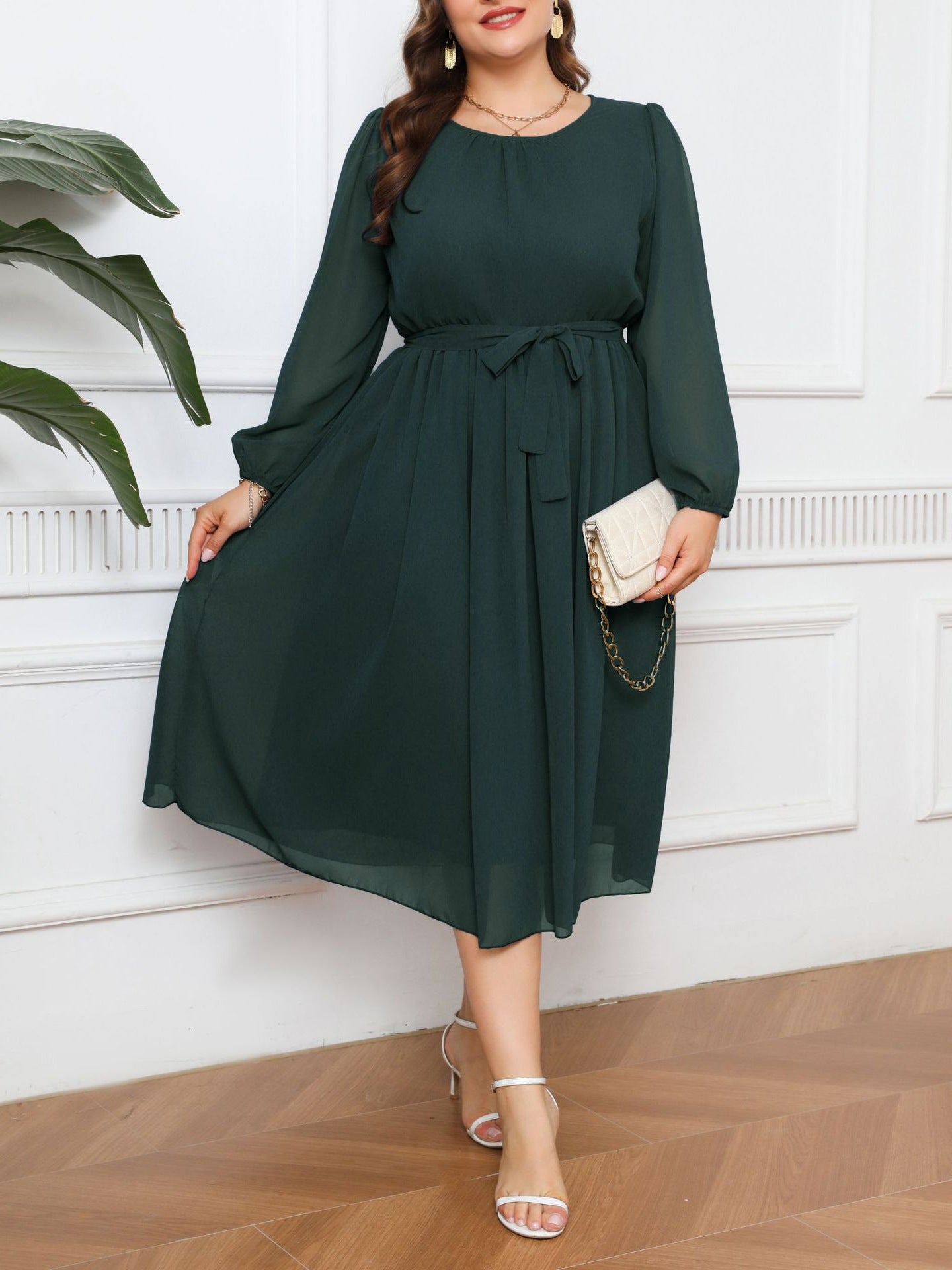 Long Sleeve Plus Size Women's Solid Chiffon Dress 5