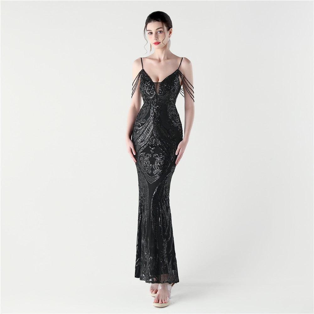 Sequin Beaded Fishtail Evening Dress Deep V Neck Formal Party Gown 9