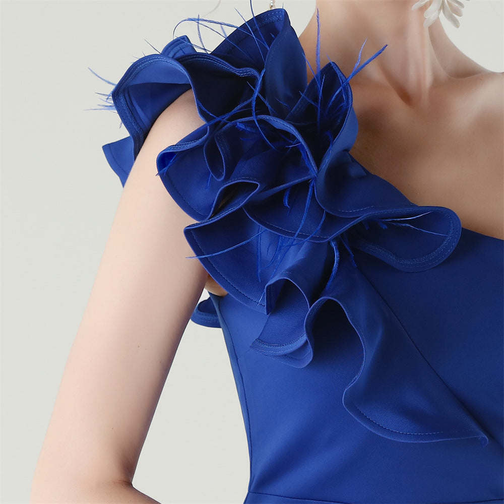 Women One-Shoulder Beaded Wool and Floral Satin Slit Sexy Evening Dress 65