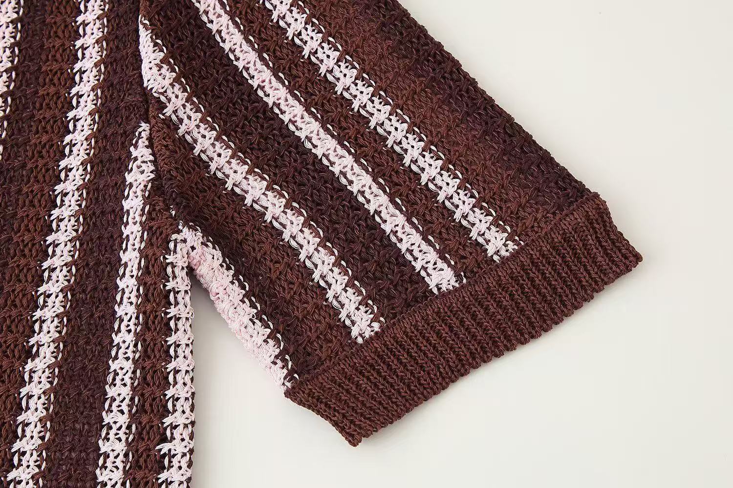 Fashion Striped Turndown Collar Short-Sleeve Top & Shorts Knit Set 17