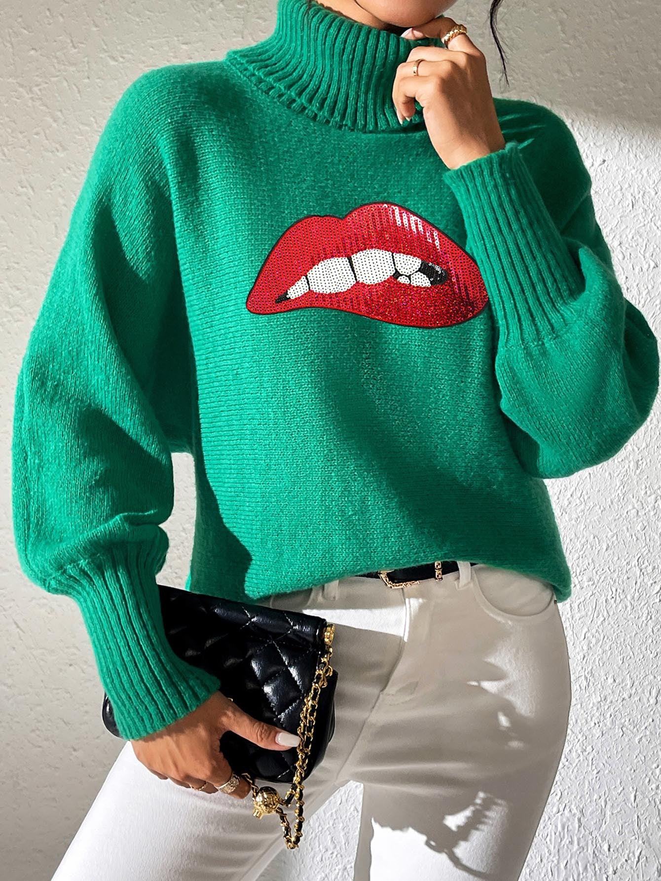 Autumn Winter Women's Sequin Lips Embroidery Turtleneck Pullover Sweater 6
