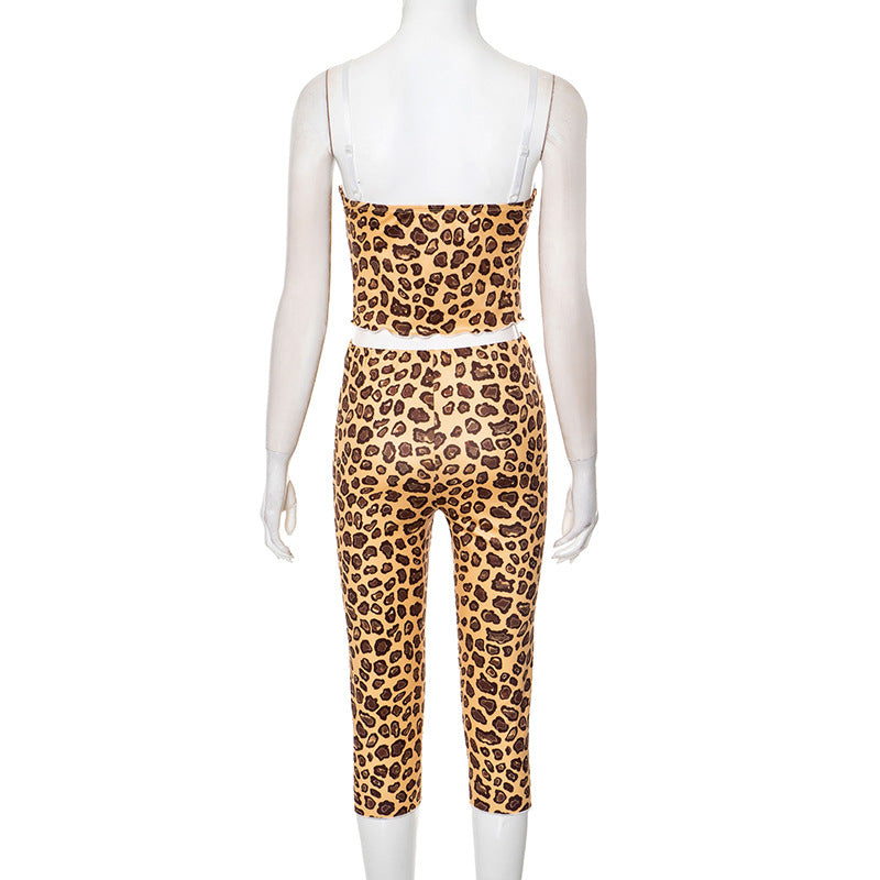 Women Spring and Summer Leopard lace Suspender Wave Edge Top and Knee-Length Shorts Two Piece Set 10