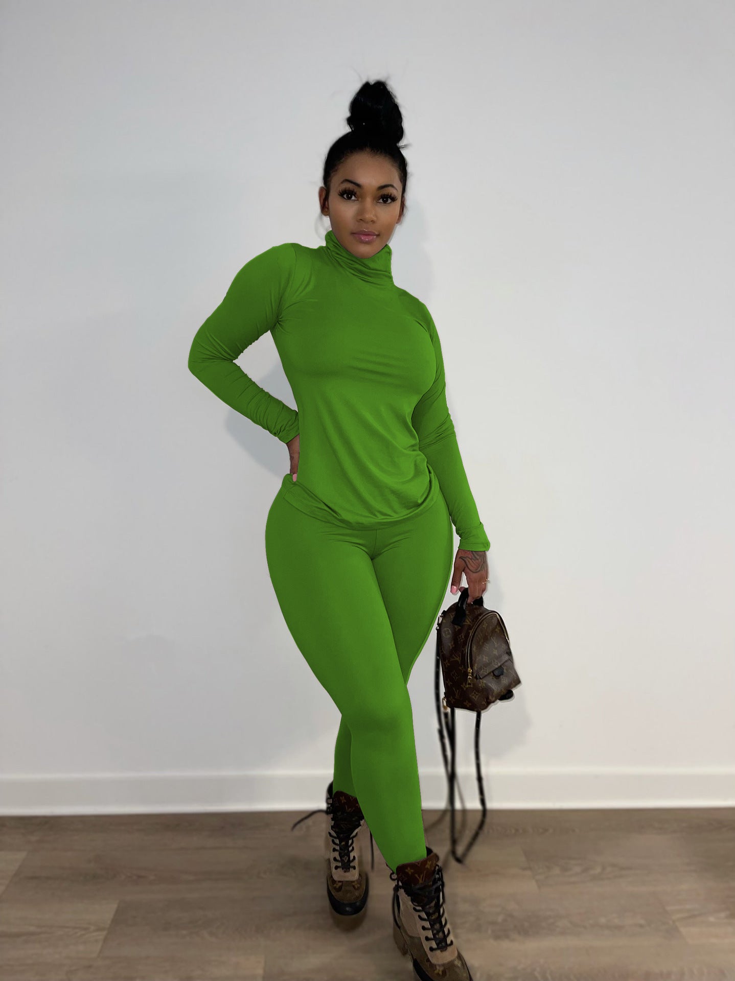 Women Spring Solid Casual High Neck Long Sleeve Top and Pants Two Piece Set 11