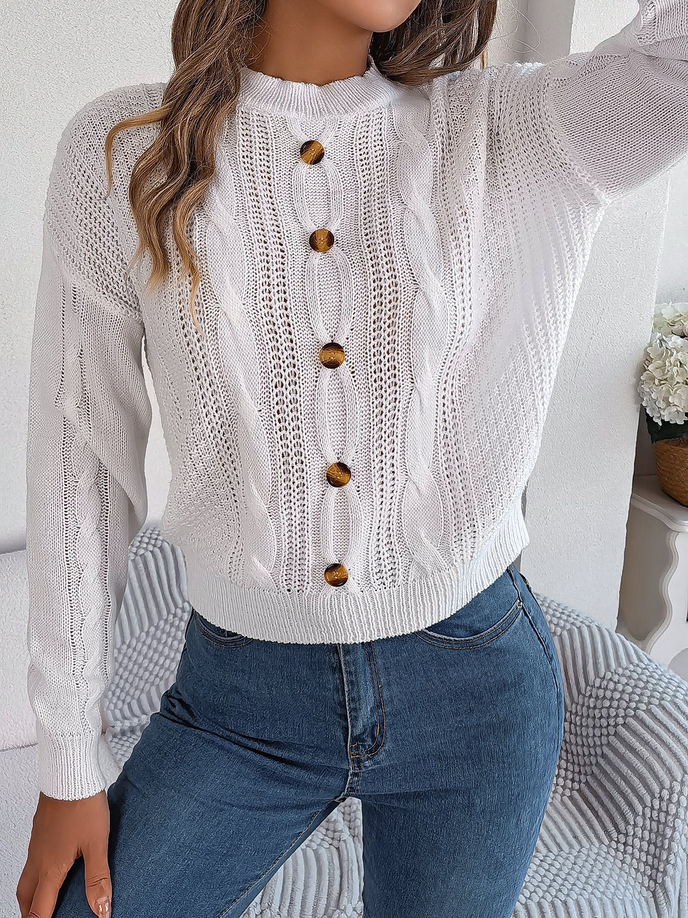 Women Casual Solid Button Long Sleeve Sweater 6
