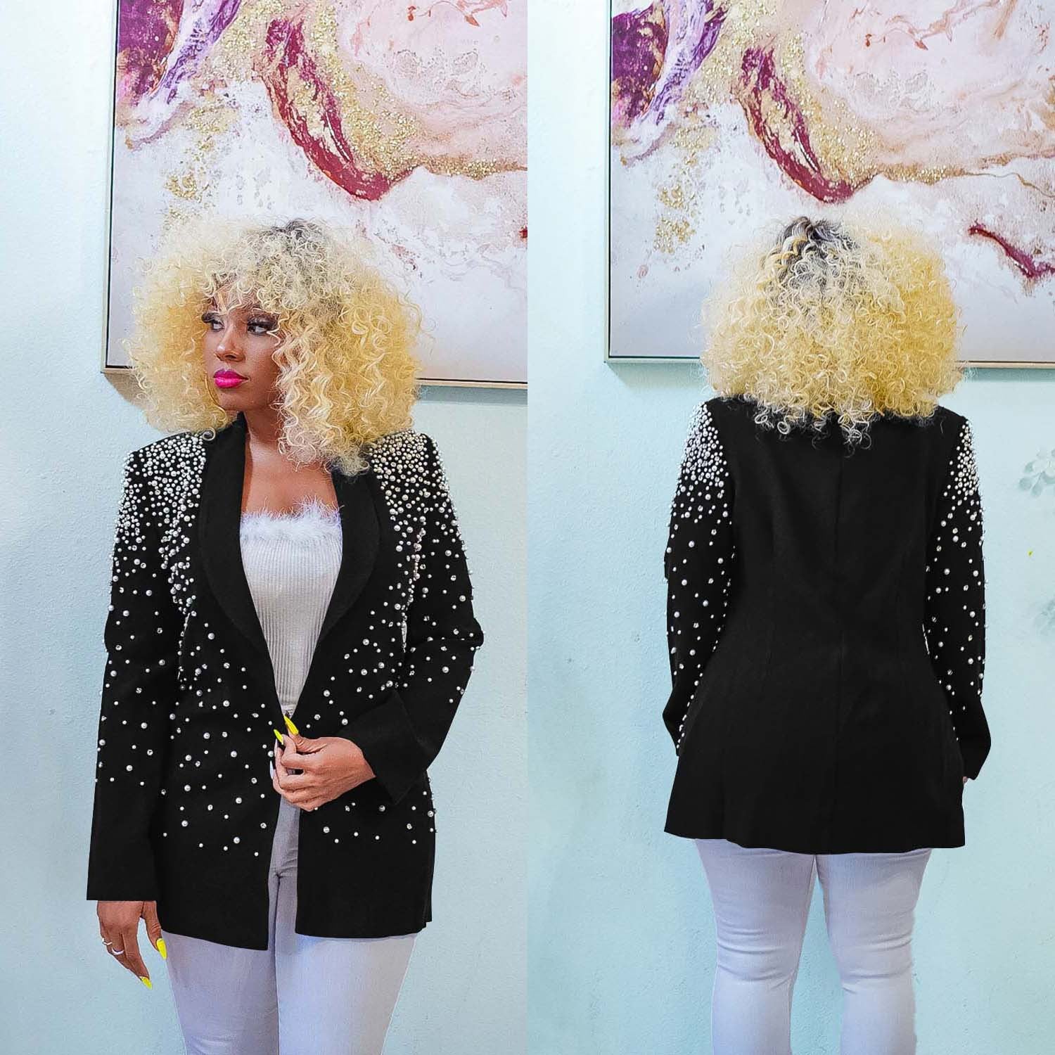 Women's Fashion Solid Color Beaded Turndown Collar Long Sleeve Blazer