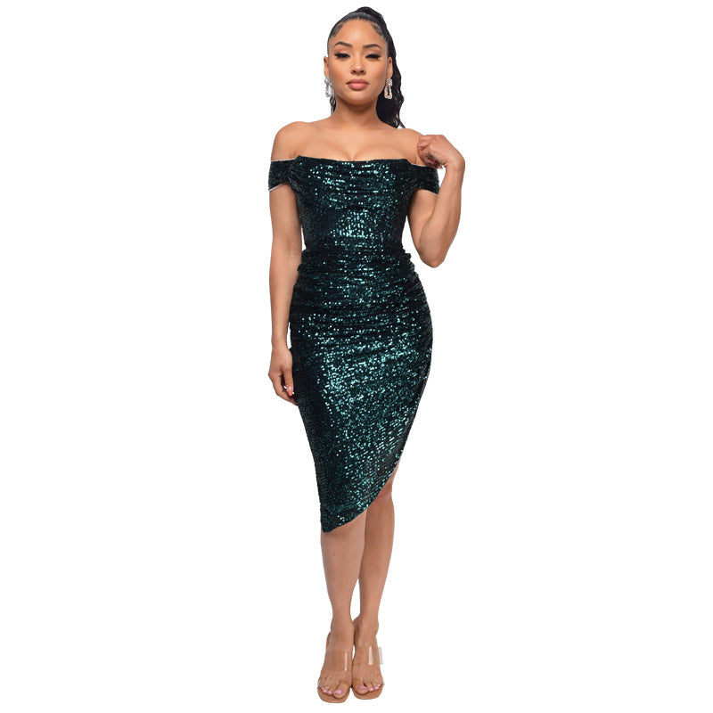 Women French Off Shoulder Sequin Pleated Dress 12
