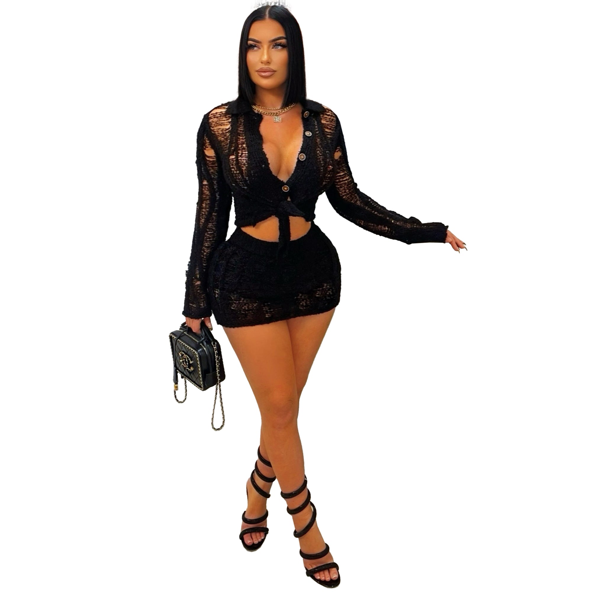 Women long-sleeved hollow lapel Top and Shorts two-piece set 5