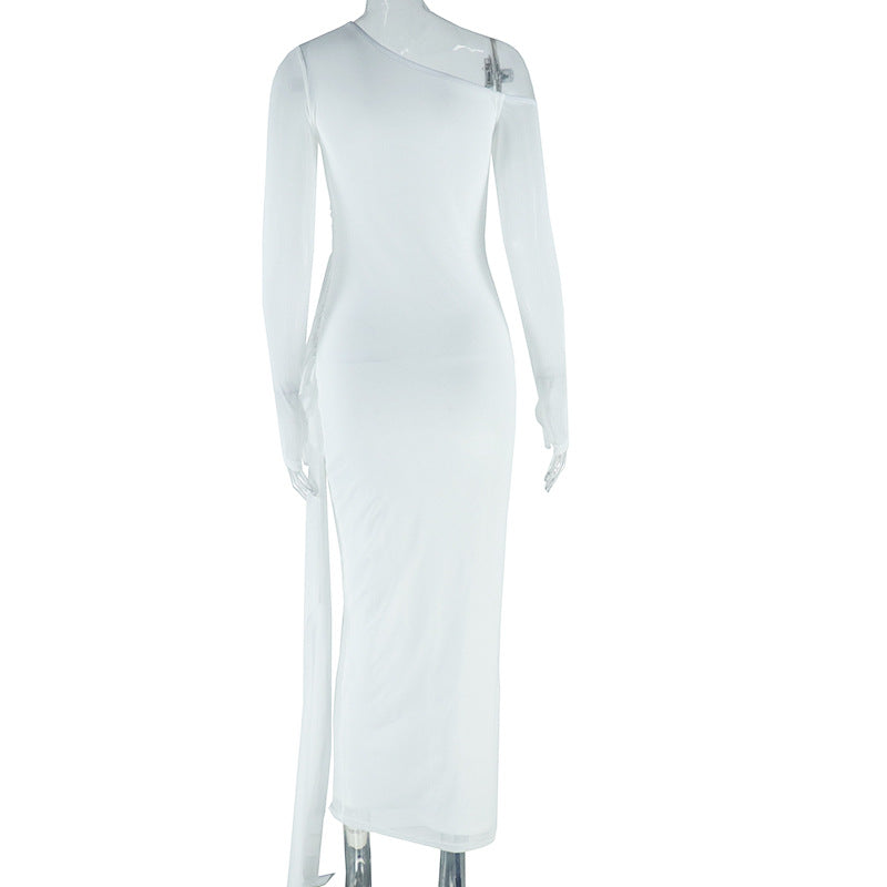 Women's Solid Color Sexy slash Shoulder Long Sleeve Mesh Patchwork Chic dress 5